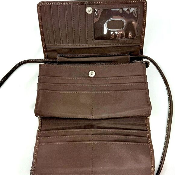 Fossil Brown Leather Exposed Stitch Trifold Crossbody Organizer Wallet Mini Bag - Picture 10 of 16